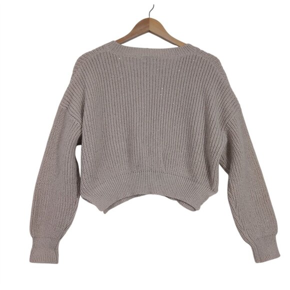 Debut Cropped Crewneck Sweater Womens S/M Beige Sequin Rib Knit Casual Everyday - Picture 5 of 9
